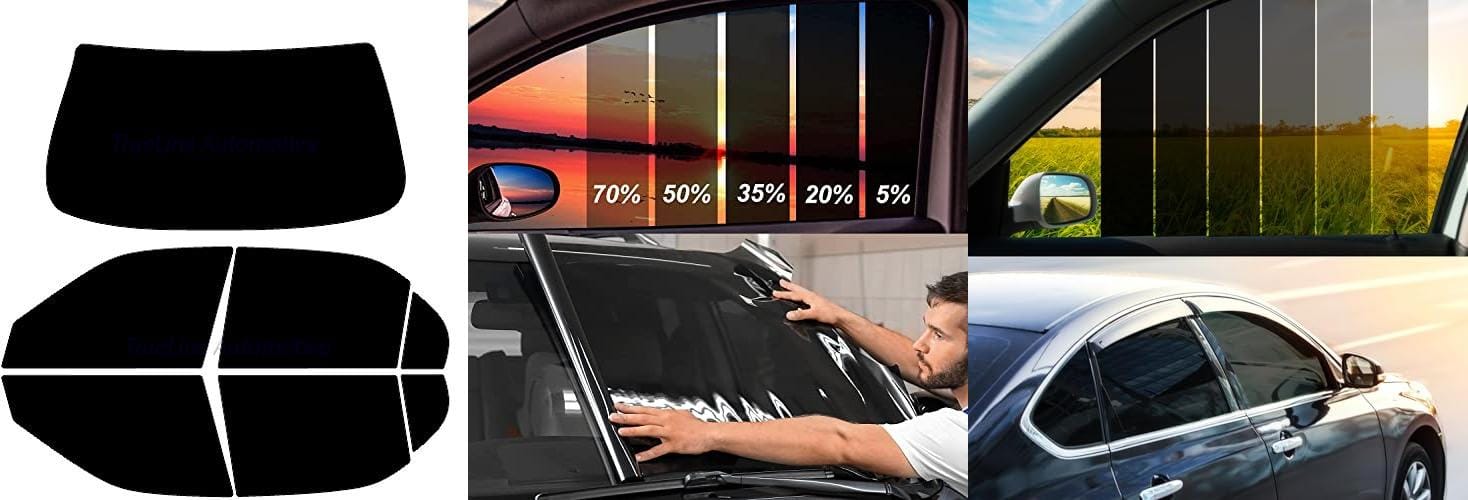 Side-by-side comparison of ten window tint films showing different colors and textures